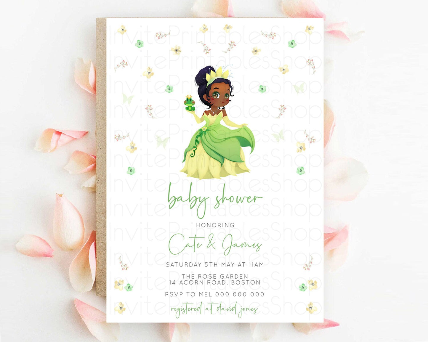 Princess Baby Shower Invitation, Enchanted Garden, Secret Garden, Floral Garden, Princess and Frog - Yellow and Green Flower Theme D10348