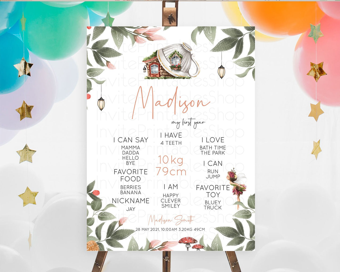 Fairy First Birthday Milestone Poster Fairy Secret Garden Milestone Board Enchanted Garden Pastel Floral Butterfly 1st Birthday Sign D10851