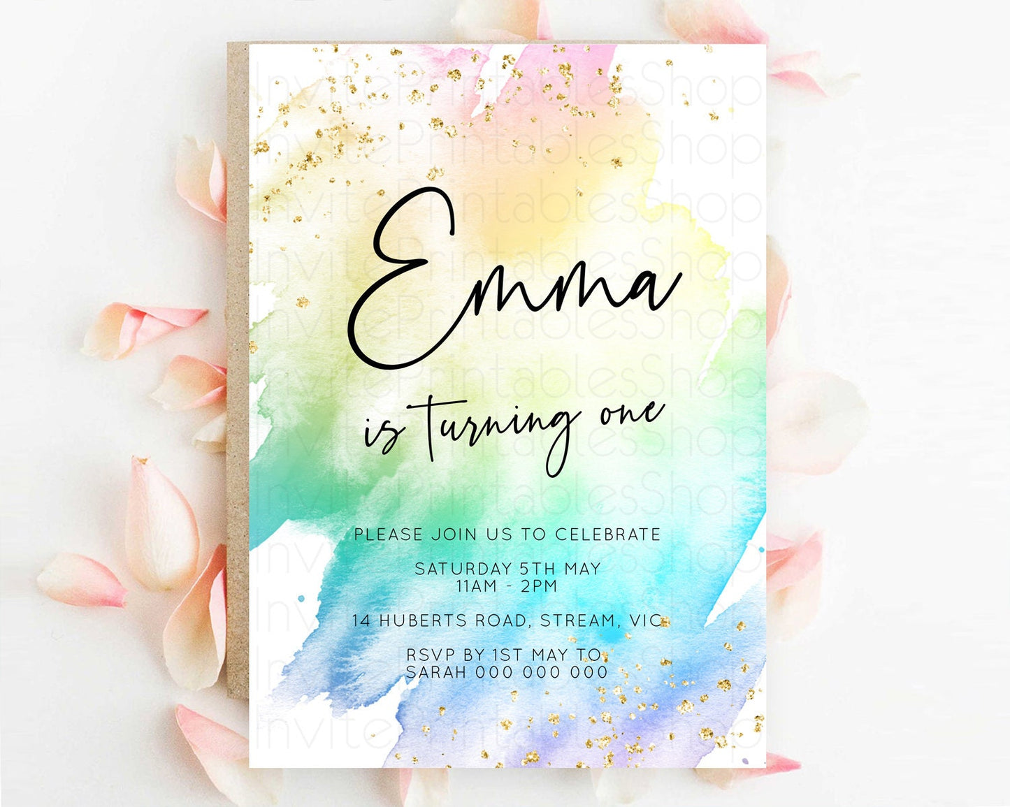 Rainbow Birthday Invitation Colorful Pastel Watercolor Invitation Gold Glitter Sprinkles Ombre Pastel 1st 2nd 3rd Birthday D10256