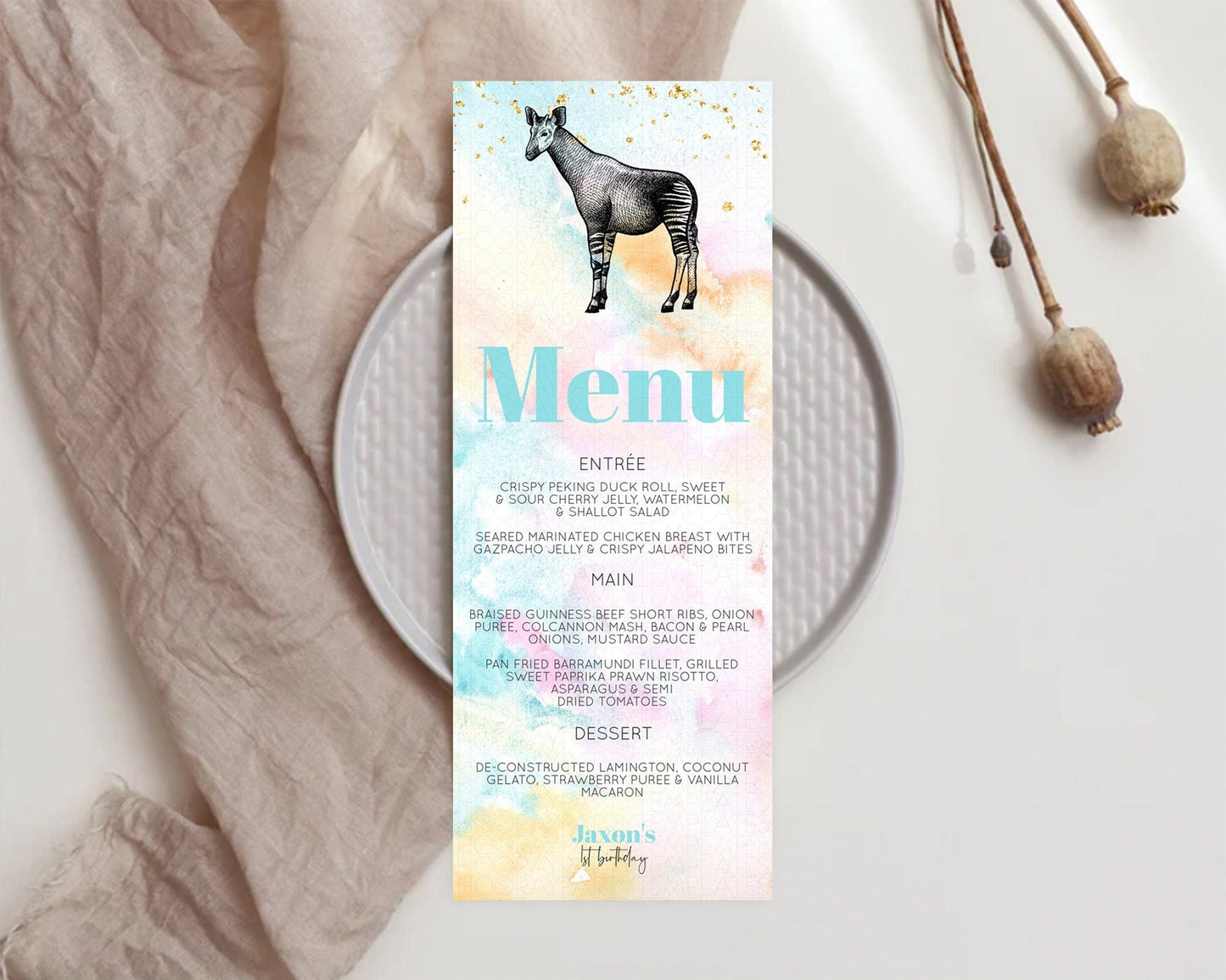 Pastel Okapi Menu Rainbow Okapi Menu Template Rainbow Colorful Safari Adventure Decor Okapi Pastel Dinner Dessert Party Food Menu D10282