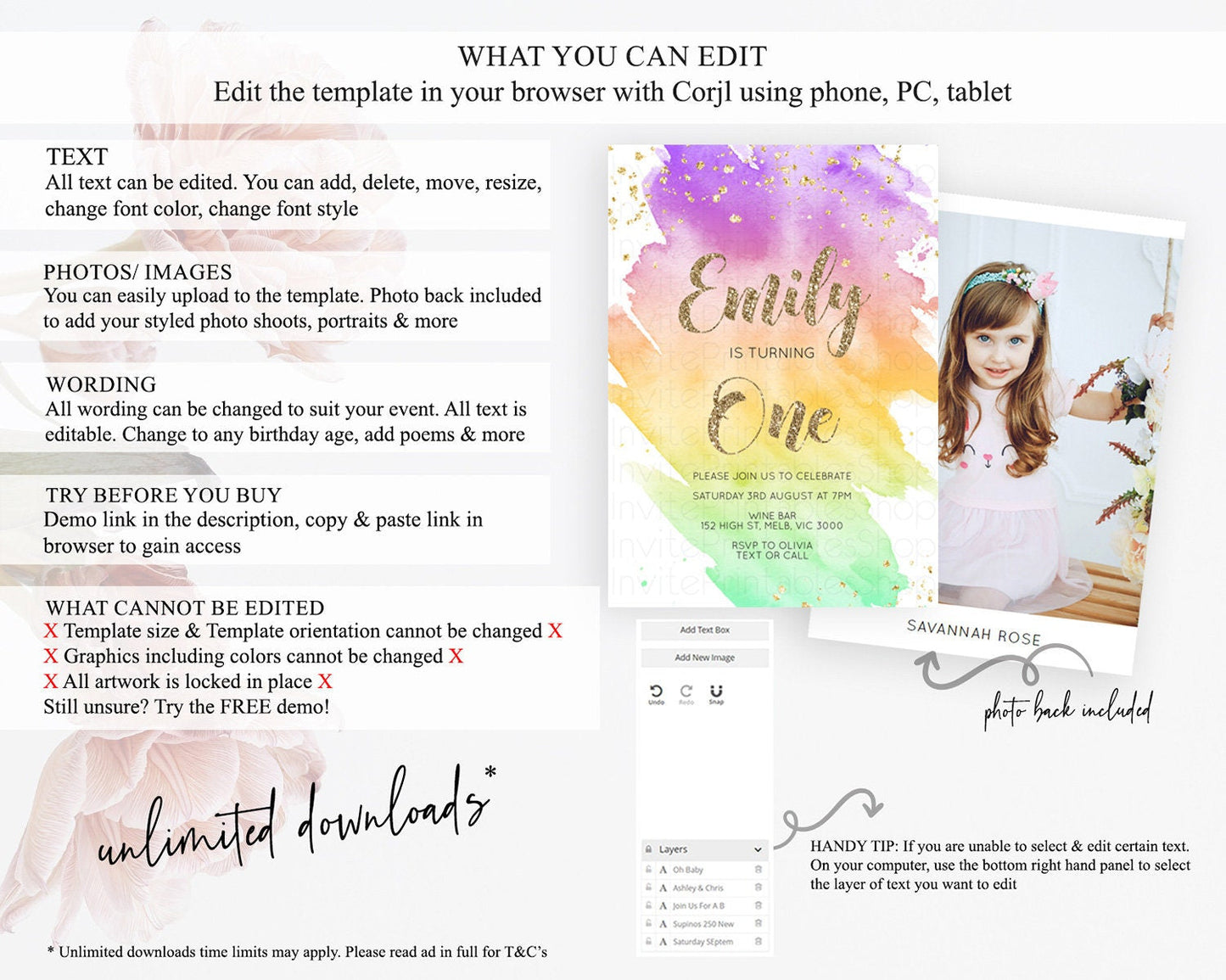 Rainbow Birthday Invitation Colorful Pastel Watercolor Invitation Gold Glitter Sprinkles Ombre Pastel 1st 2nd 3rd Birthday D10517