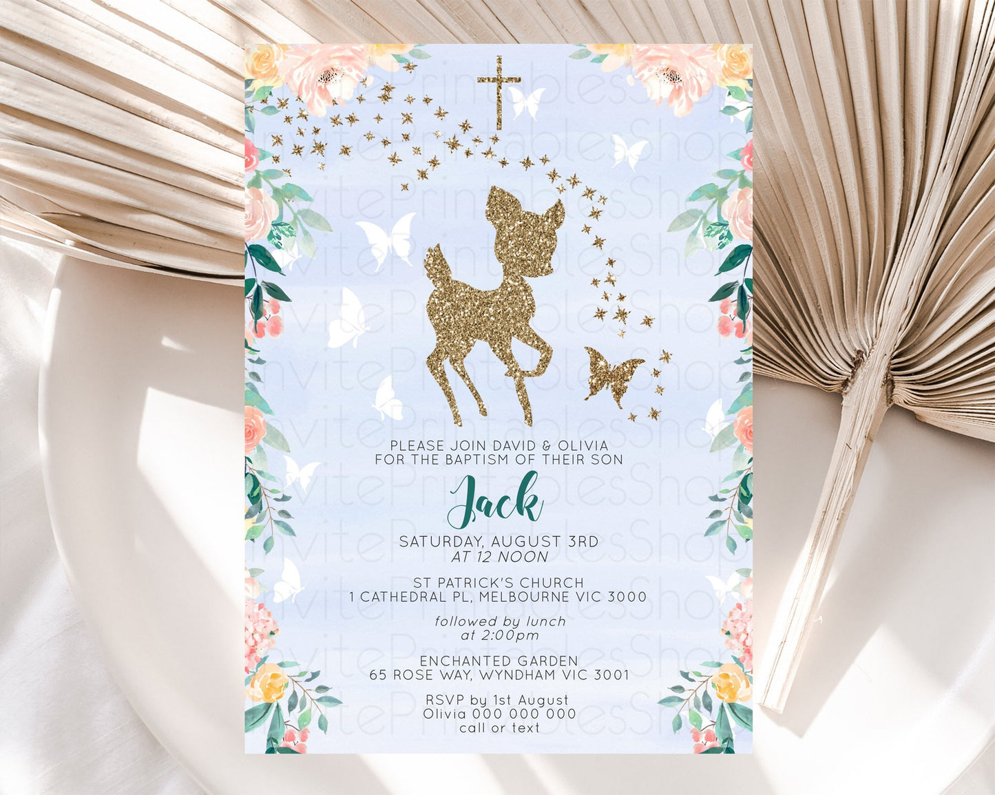 Fawn Baptism Invitation Deer Baptism 1st Birthday Invitation Enchanted Forest Christening Invitation Pastel Garden Butterfly Floral D10875