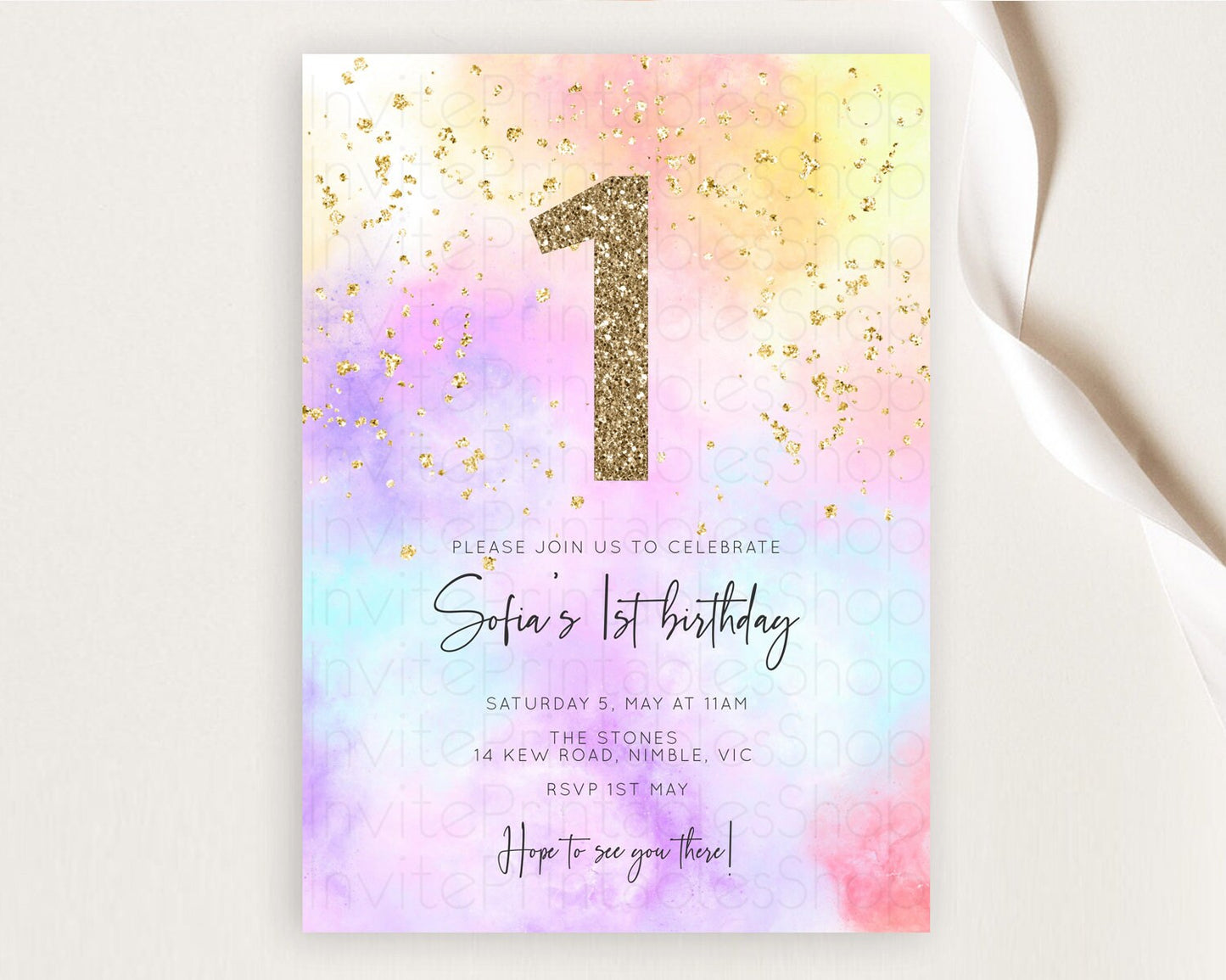 Rainbow Birthday Invitation Colorful Pastel Watercolor Invitation Gold Glitter Sprinkles Ombre Pastel 1st 2nd 3rd Birthday D10437