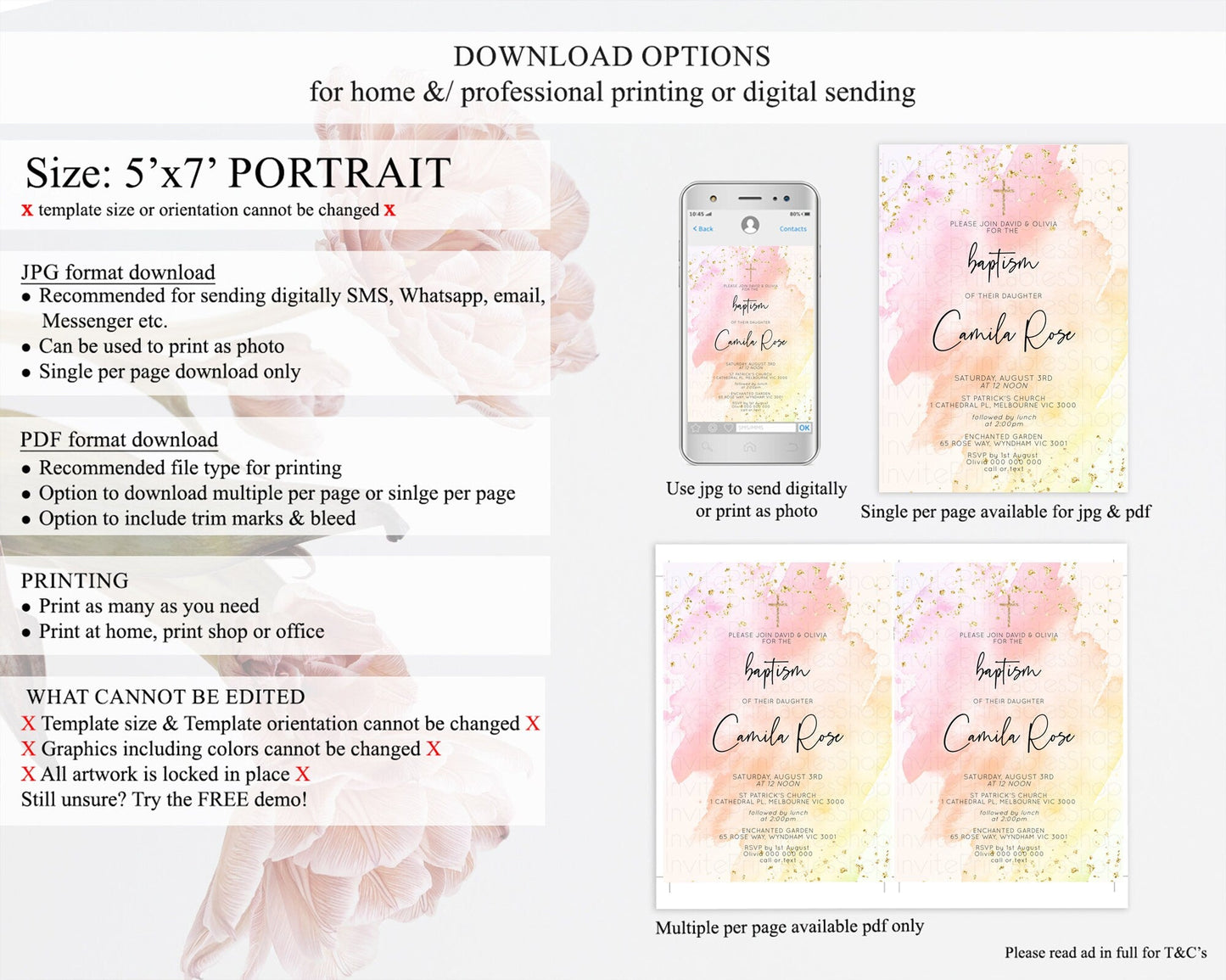 Pink Baptism Invitation Pink Watercolor Baptism 1st Birthday Invitation Pastel Pink Watercolor Christening Invite Pink Splash D10167