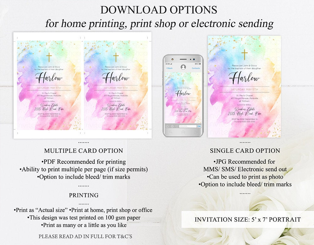 Rainbow Baptism Invitation Pastel Watercolor Christening Invitation Glitter Invite Colorful Splash Invite Gold Cross Holy Communion