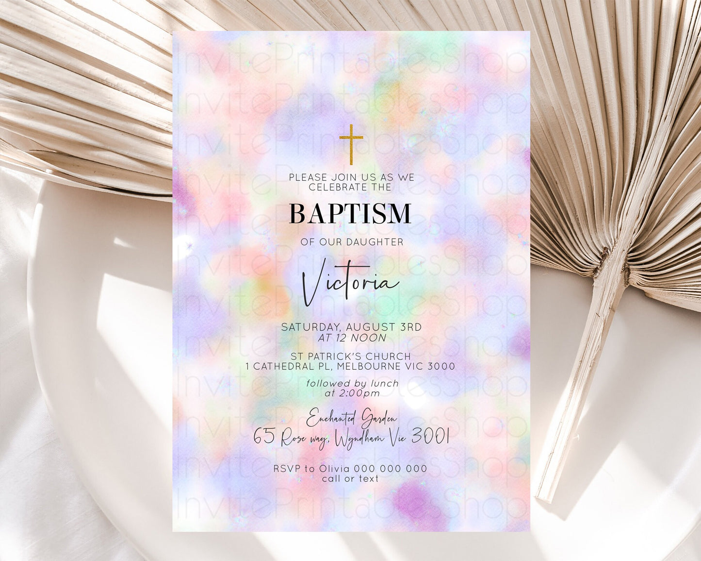 Pastel Baptism Invitation Pastel Colors Watercolor Baptism 1st Birthday Party Gold Ombre Pastel Rainbow Christening Holy Communion D10697