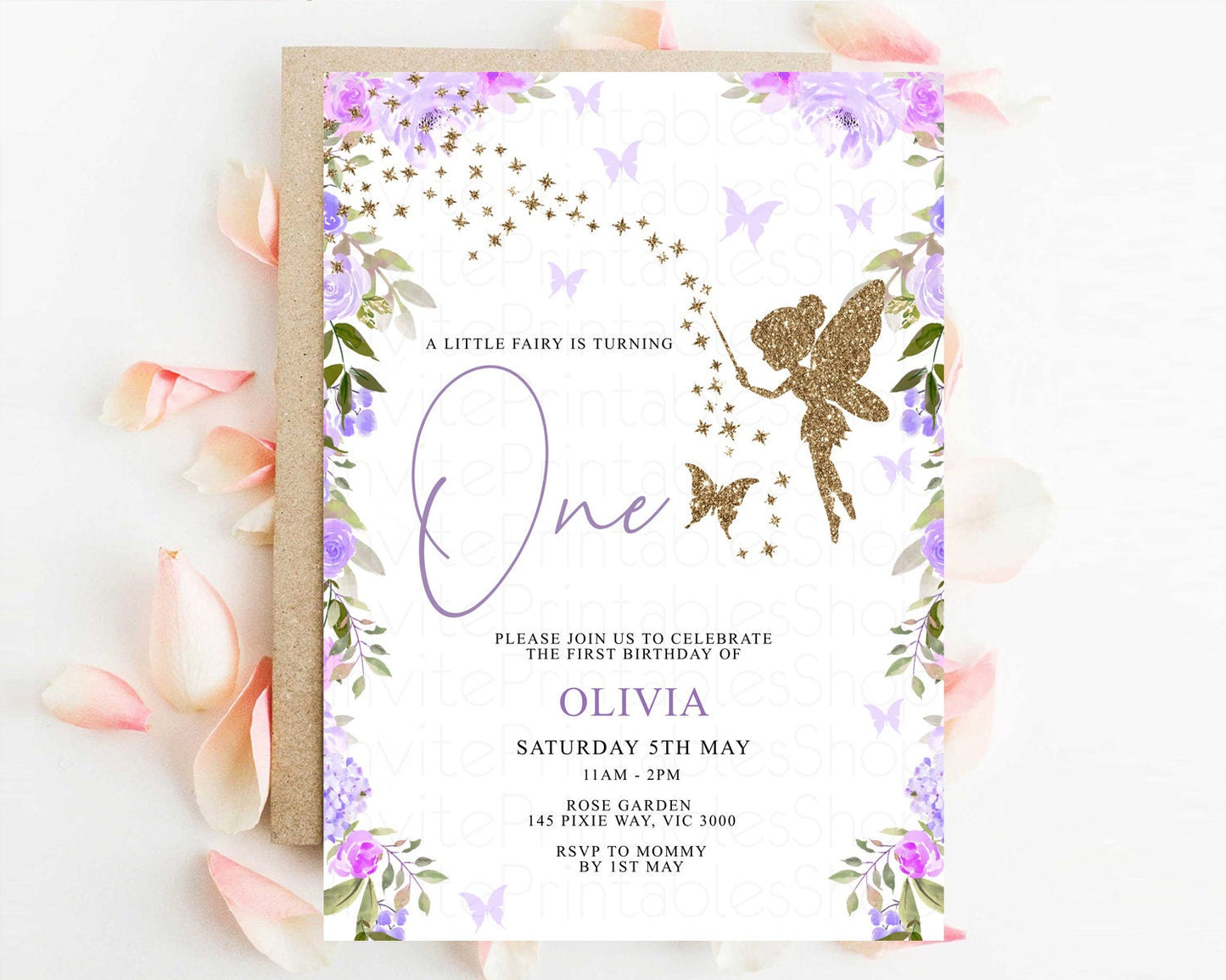 Fairy Birthday Invitation Enchanted Fairy Garden Invitation Magical Pixie Floral Pastel Birthday Invitation Wildflower Purple Glitter 47