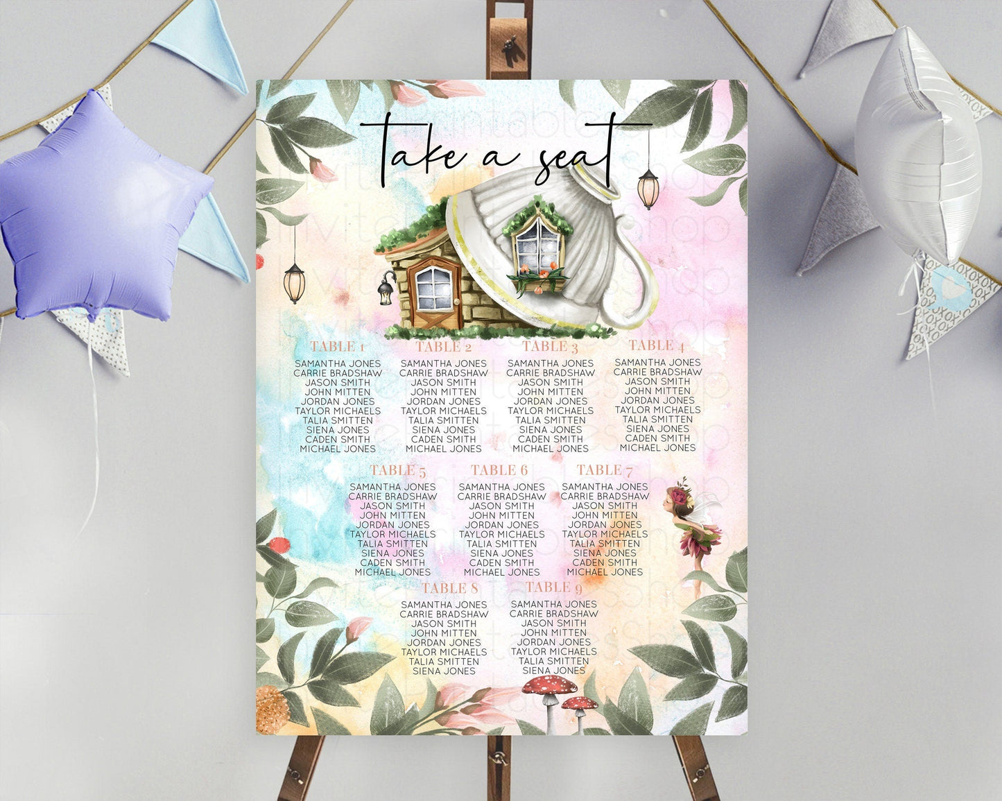Fairy Seating Chart Pastel Fairy Seating Chart Fairy Tea Party Fairy Garden Seating Sign Enchanted Garden Floral Butterfly Decor D10555