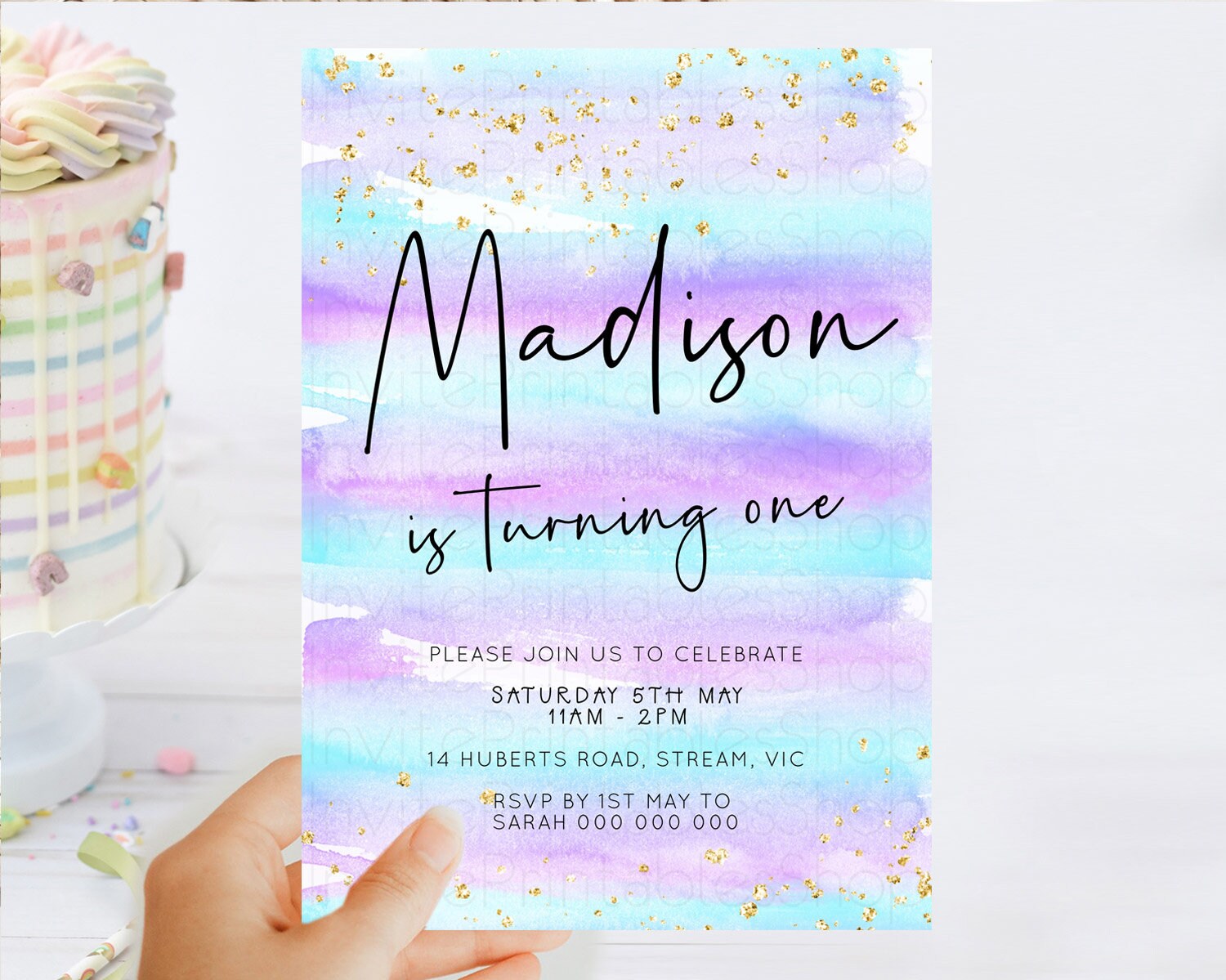 Editable Pastel Birthday Invitation Ombre Watercolor Birthday Invitation Gli