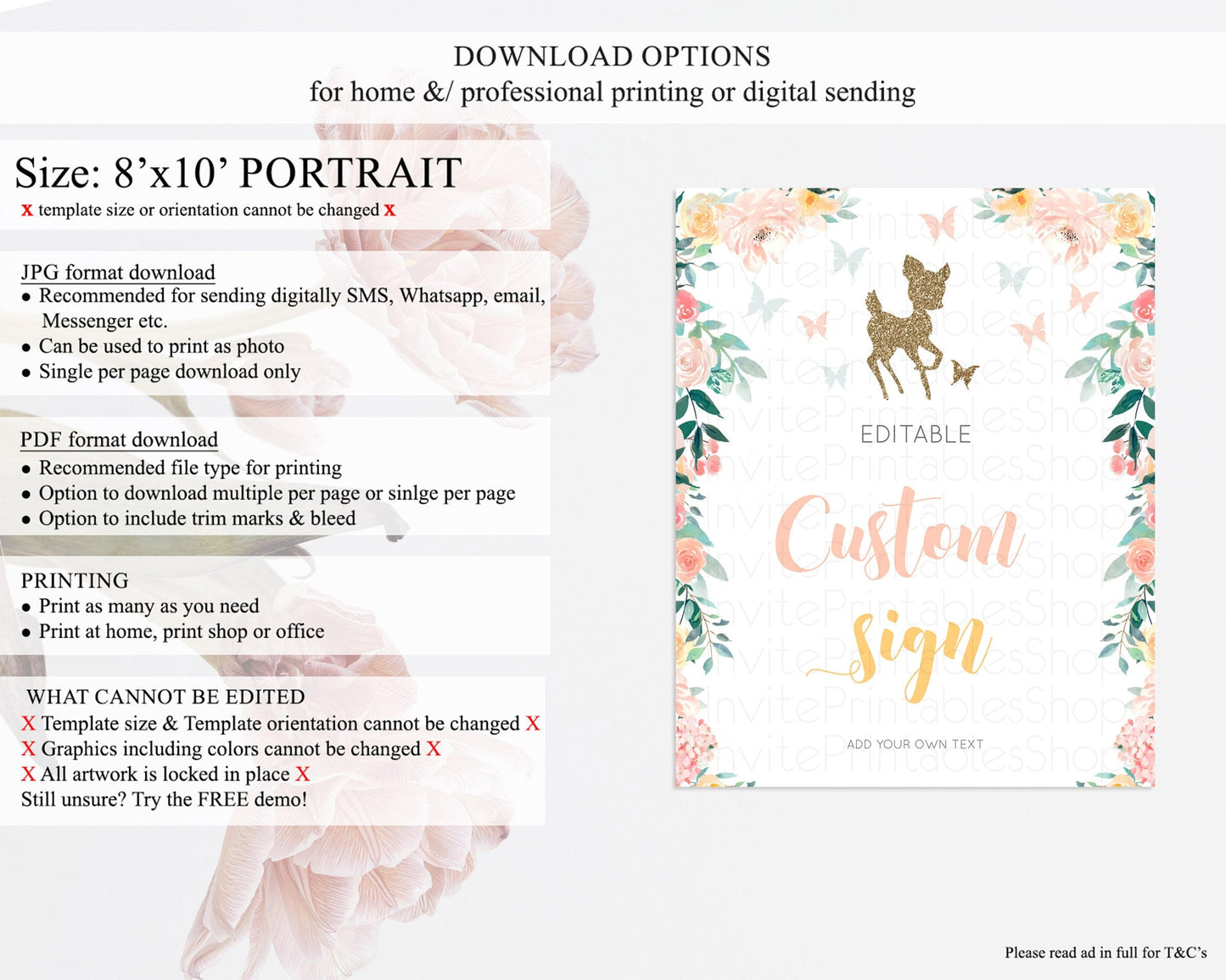 Fawn Deer Sign Pastel Floral Deer Table Sign Decor Enchanted Forest Butterfly Party 1st Birthday Baptism Baby Shower Bridal Shower D10874