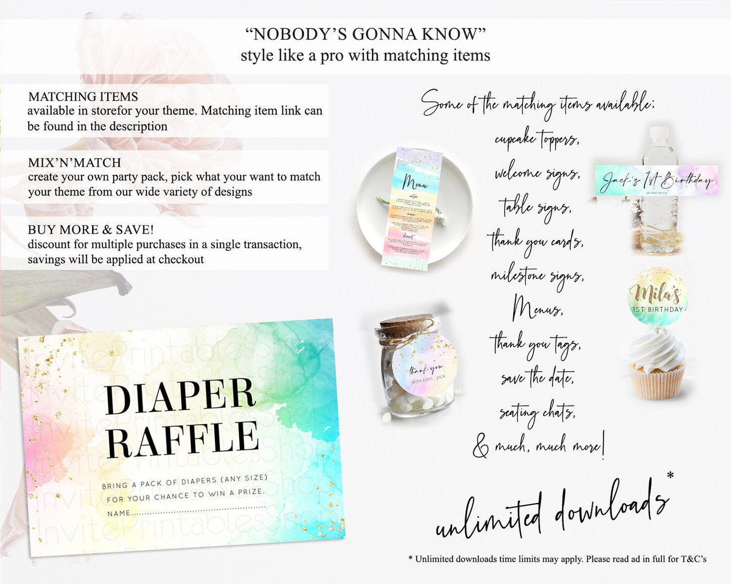 Pastel Diaper Raffle Card Pastel Rainbow Diaper Raffle Insert Colorful Ombre Watercolor Diaper Ticket Confetti Glitter Raffle Game D10770