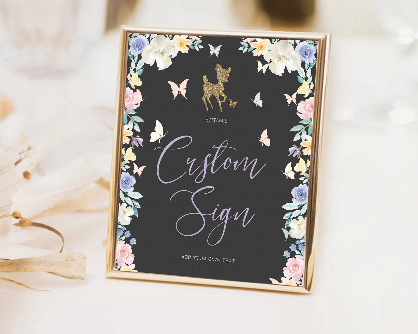 Fawn Deer Sign Pastel Floral Deer Table Sign Decor  Enchanted Forest Butterfly Party 1st Birthday Baptism Baby Shower Bridal Shower D10323