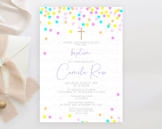 Star Baptism Invitation Pastel Stars Baptism 1st Birthday Invitation Rainbow Colors Confetti Twinkle Little Star Christening Invite D10397