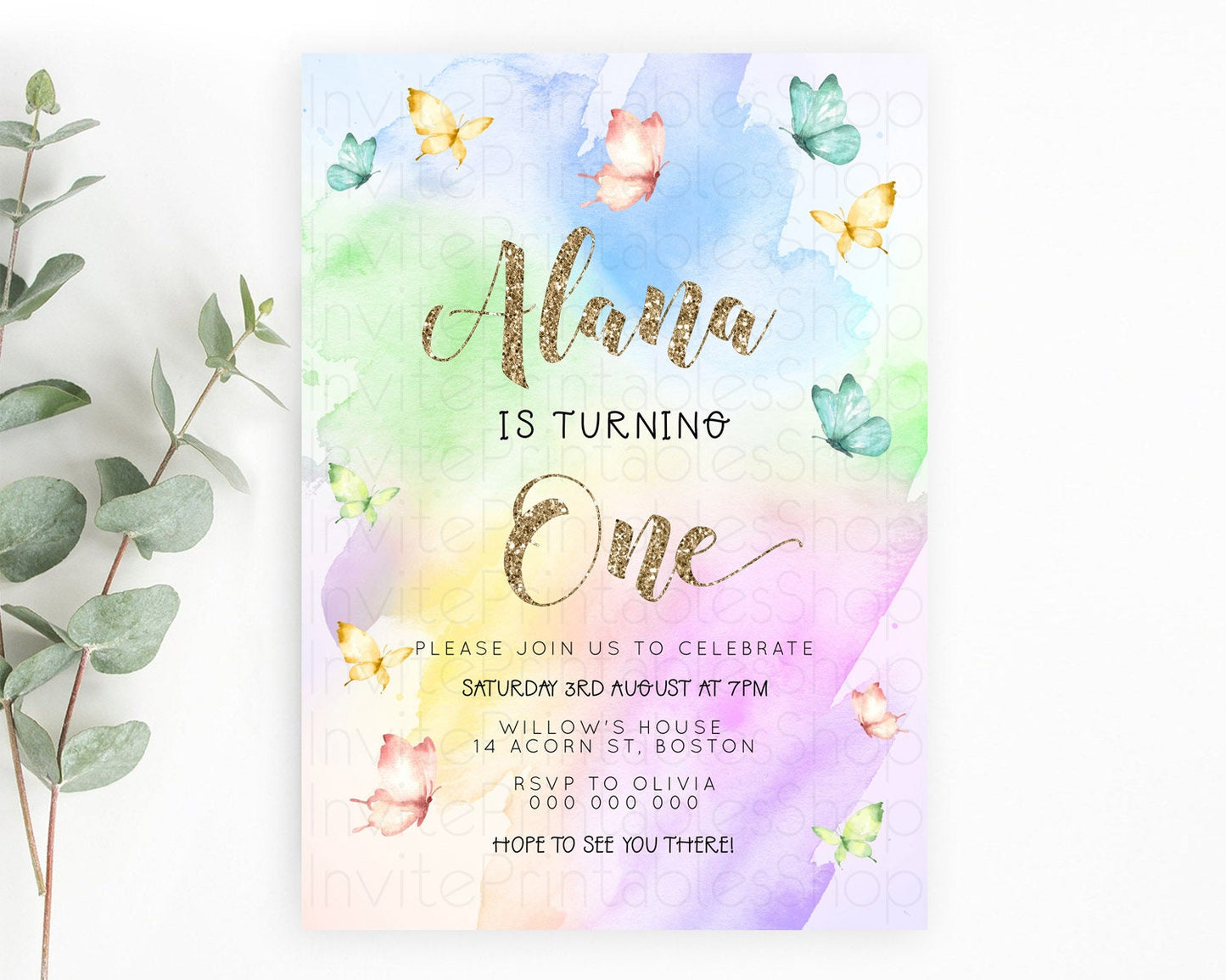 Pastel Butterfly Birthday Invitation Butterfly Birthday Invitation Colorful Splash Glitter Butterfly Garden 1st 2nd Birthday D23257