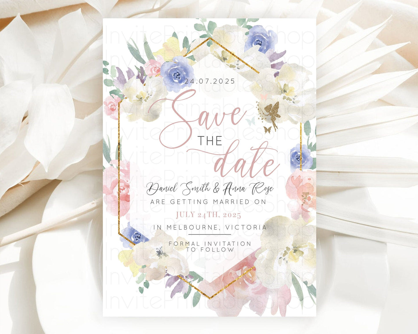 Fairy Save The Date Template Enchanted Garden Pastel Floral Butterfly Party Secret Garden Birthday Baptism Baby Shower Bridal Shower D10829