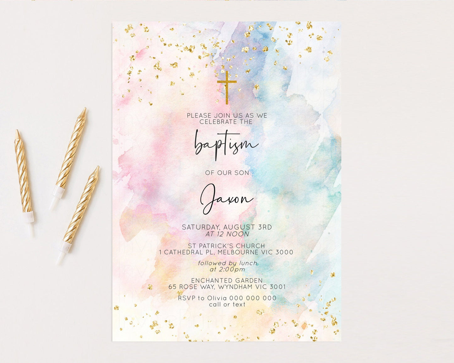 Rainbow Baptism Invitation Pastel Christening Invitation Holy Communion Invitation Glitter Watercolor Splash Invitation Colorful Invite 276