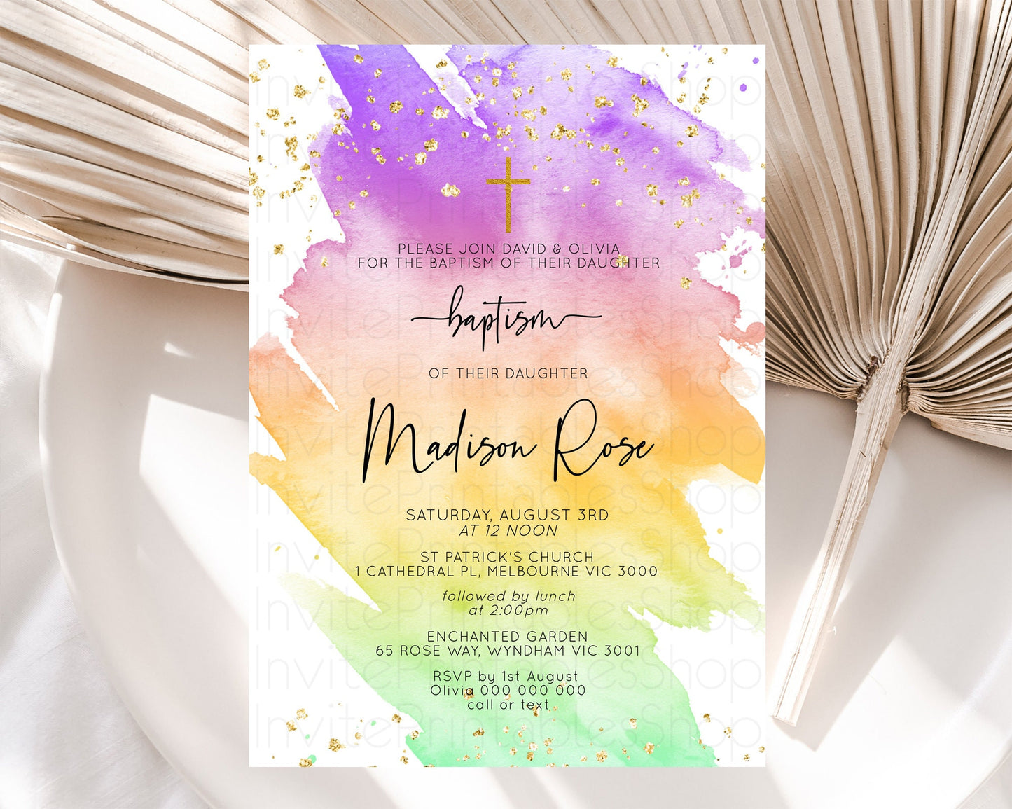 Pastel Baptism Invitation Pastel Colors Watercolor Baptism 1st Birthday Party Gold Ombre Pastel Rainbow Christening Holy Communion D10518