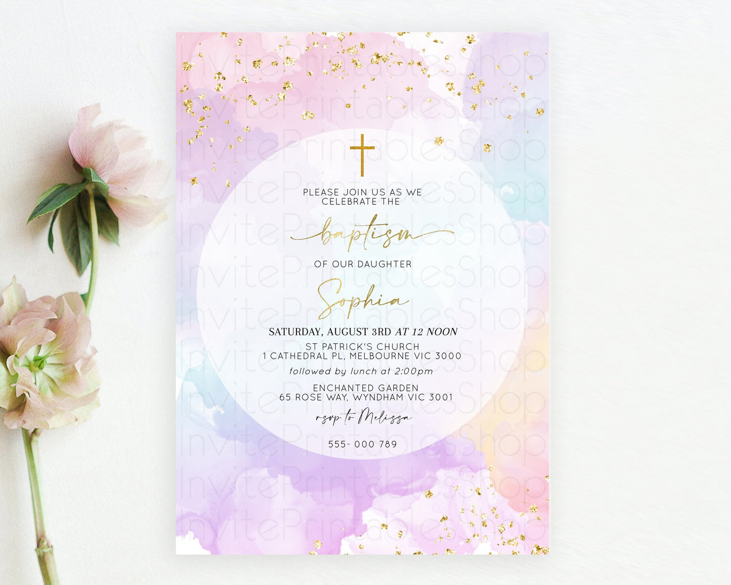 Pastel Baptism Invitation Pastel Colors Watercolor Baptism 1st Birthday Party Gold Ombre Pastel Rainbow Christening Holy Communion D10623