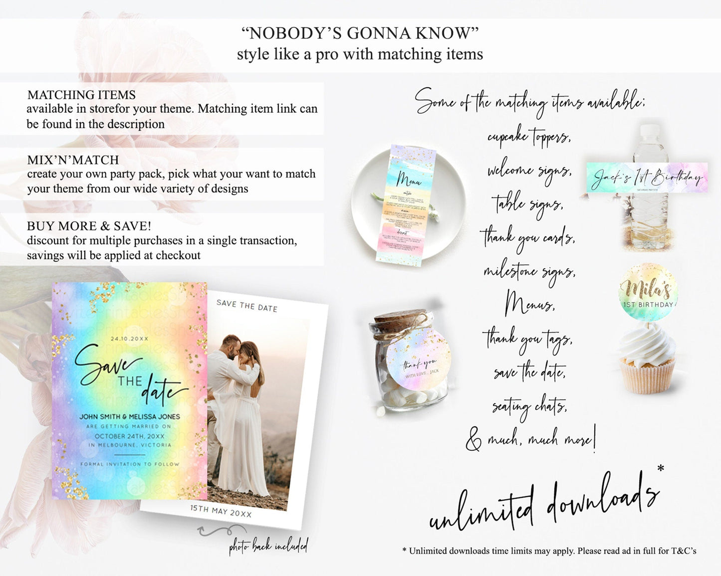 Tie Dye Save The Date Template Rainbow Pastel Ombre Watercolor Party For 1st Birthday Baptism Baby Shower Bridal Shower Wedding D10568