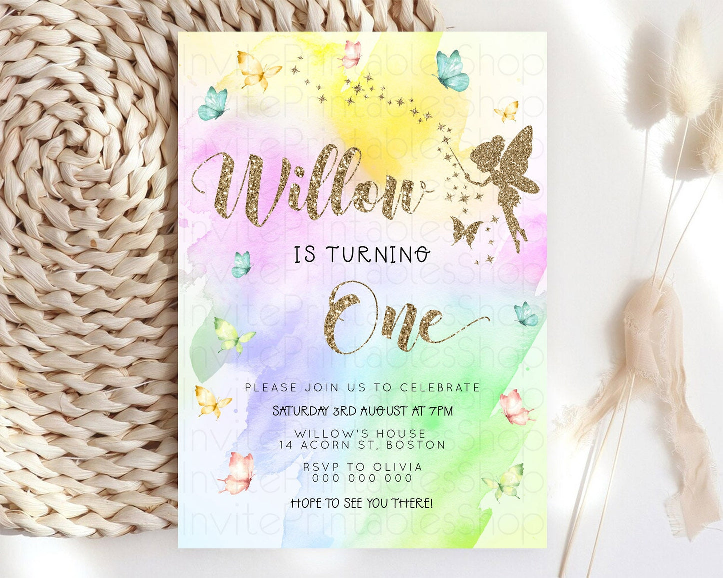 Pastel Fairy Birthday Invitation Pastel Butterflies Fairy Birthday Invitation Rainbow Ombre Watercolor 1st 2nd Birthday Invitation D23352