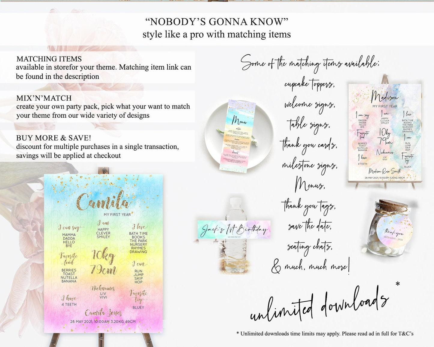 Pastel First Birthday Milestone Board Pastel Rainbow Milestone Poster Colorful Confetti Watercolor Glitter 1st Birthday Welcome Sign D10479