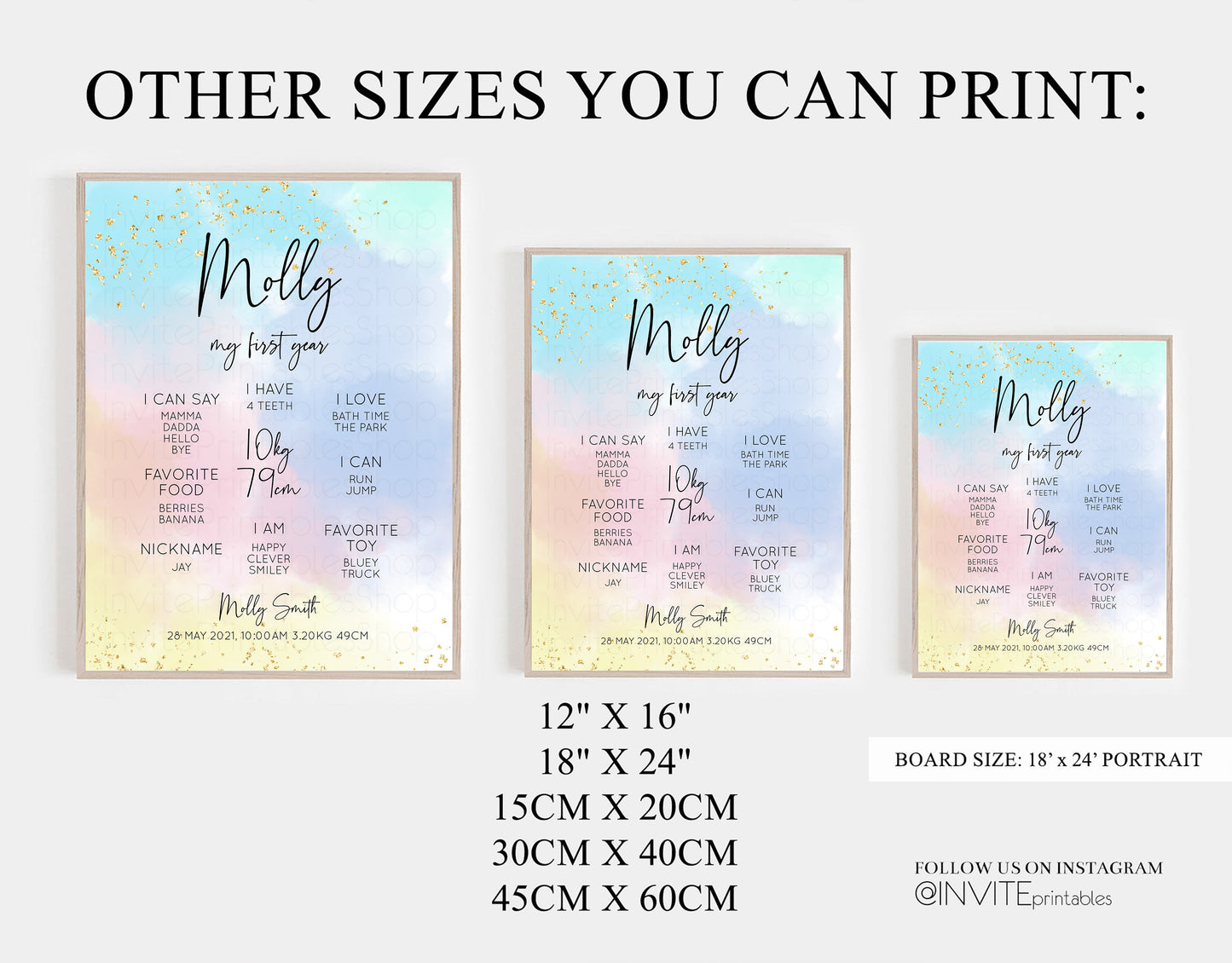 Pastel First Birthday Milestone Board Pastel Rainbow Milestone Poster Watercolor Glitter One Year Poster Colorful Splash Baby 1st Year 446