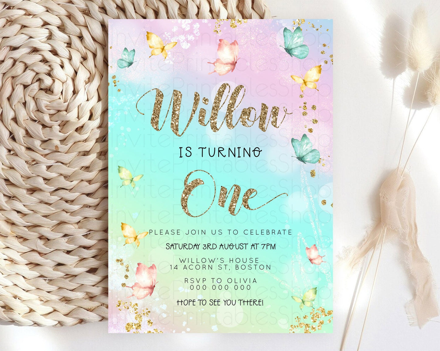 Pastel Butterfly Birthday Invitation Butterfly Birthday Invitation Colorful Splash Glitter Butterfly Garden 1st 2nd Birthday D23079
