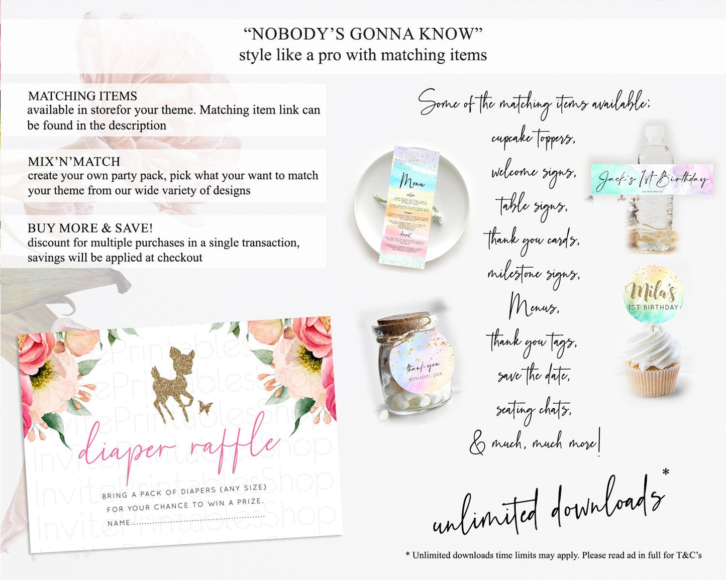 Fawn Diaper Raffle Card Deer Diaper Insert Floral Deer Diaper Ticket Enchanted Forest Butterfly Pastel Baby Shower Raffle Game D10326