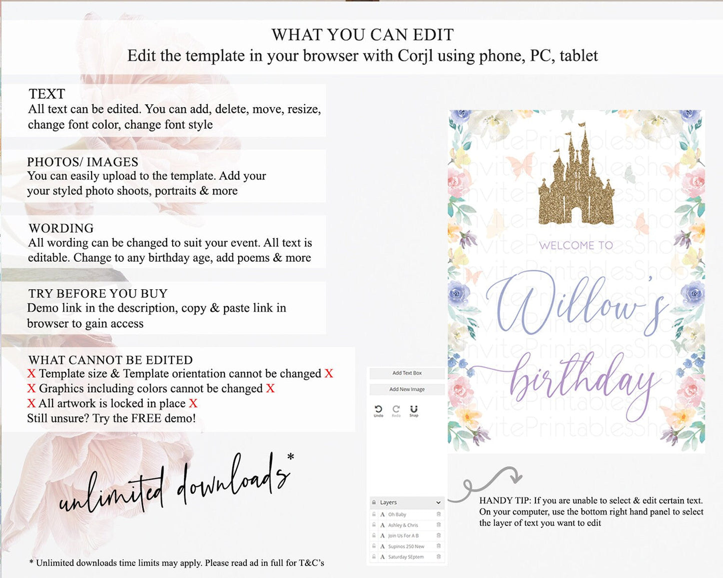 Princess Birthday Welcome Sign Castle Welcome Board Secret Garden Enchanted Castle Pastel Floral Garden First Birthday Welcome Sign D10931