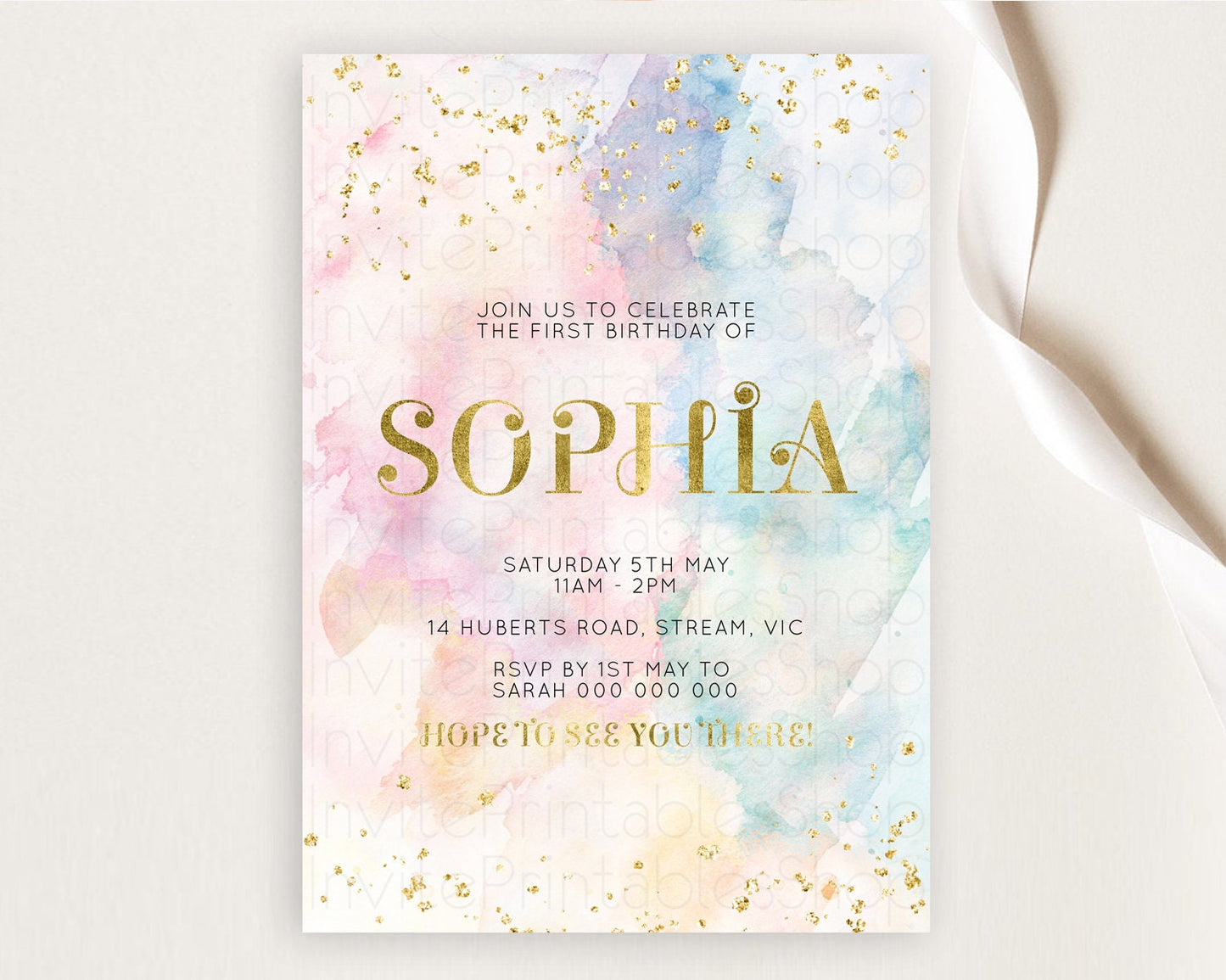 Rainbow Birthday Invitation Colorful Pastel Watercolor Invitation Gold Glitter Sprinkles Ombre Pastel 1st 2nd 3rd Birthday D10835