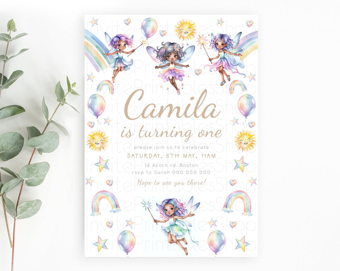 Rainbow Fairy Birthday Invitation Pastel Birthday Invitation Magical Pastel Fairy Party Theme Pastel Stars Heart Sun 1st 2nd Birthday D23374