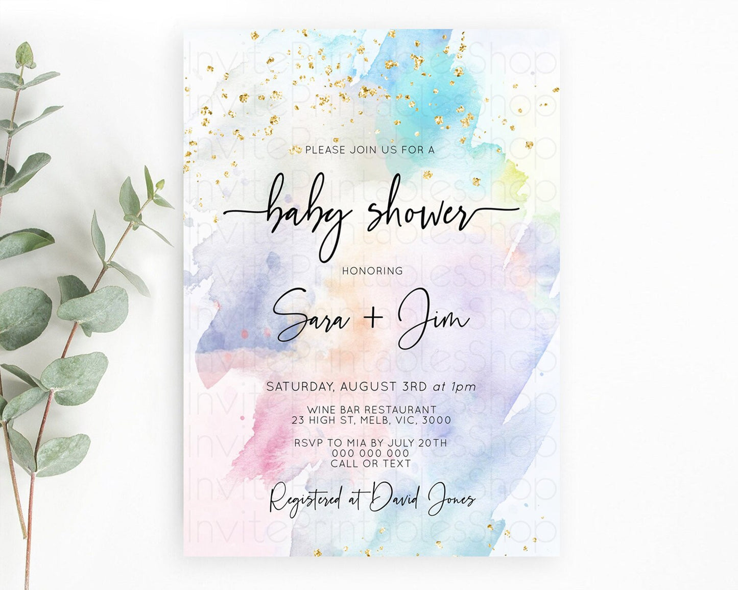 Pastel Baby Shower Invitation Rainbow Baby Shower Invitation Colorful Pastel Watercolor Invitation Gold Glitter Sprinkles Ombre D10424