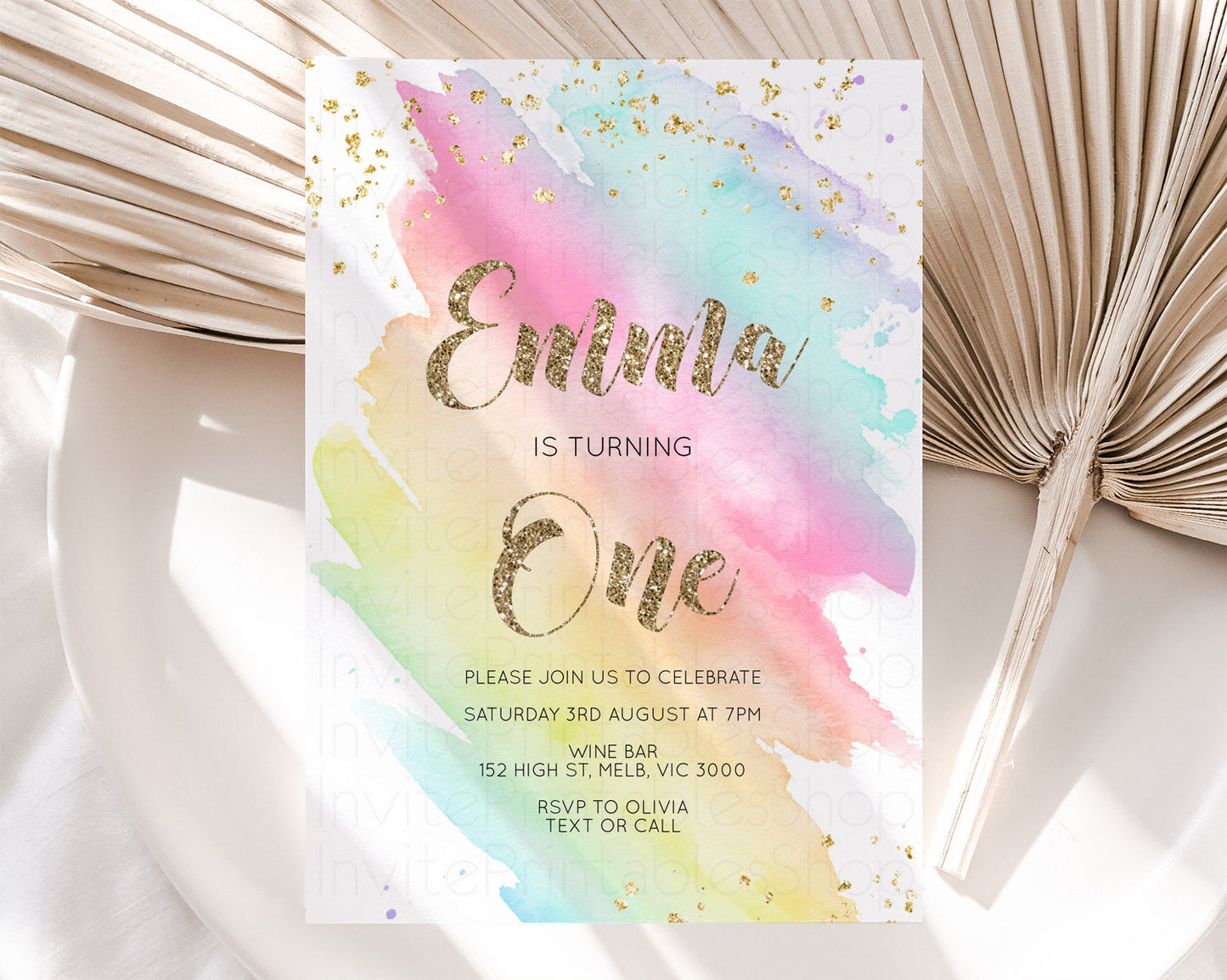 Rainbow Birthday Invitation Pastel Rainbow Birthday Invitation Ombre Watercolor Invite Colorful Splash Glitter Sprinkles 1st 2nd 3rd G518
