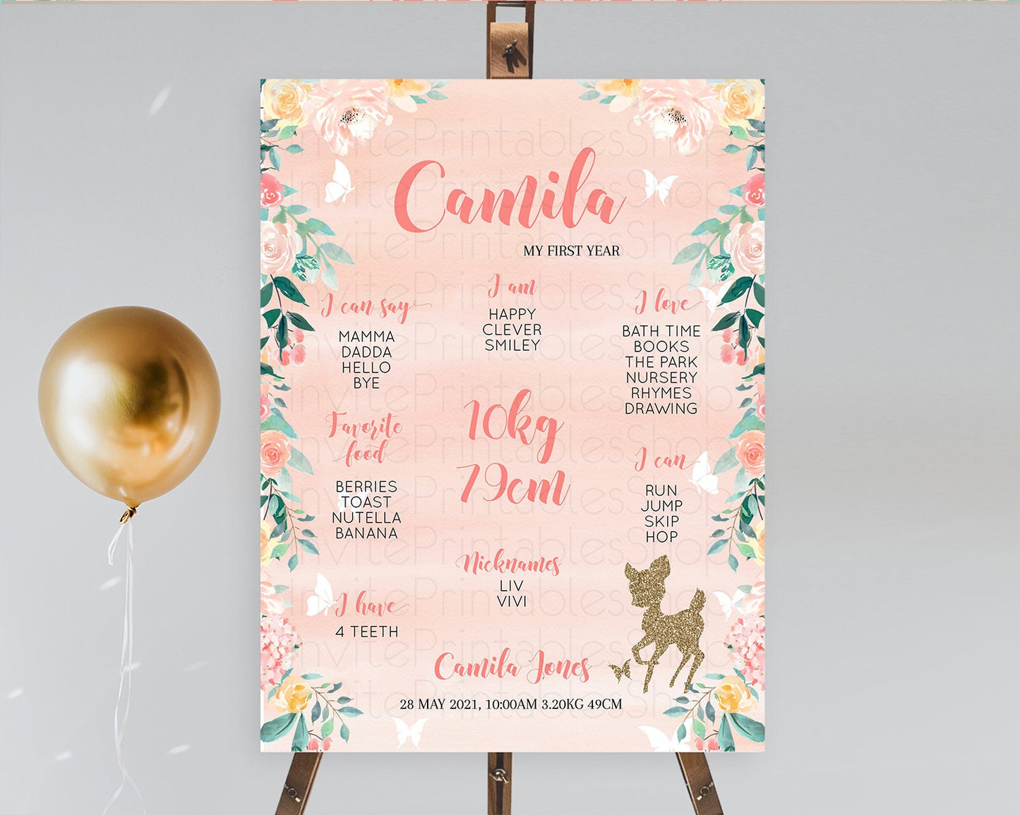 Fawn First Birthday Milestone Board Deer First Birthday Milestone Poster Enchanted Forest Butterfly Pastel Flowers 1st Birthday Sign D10873