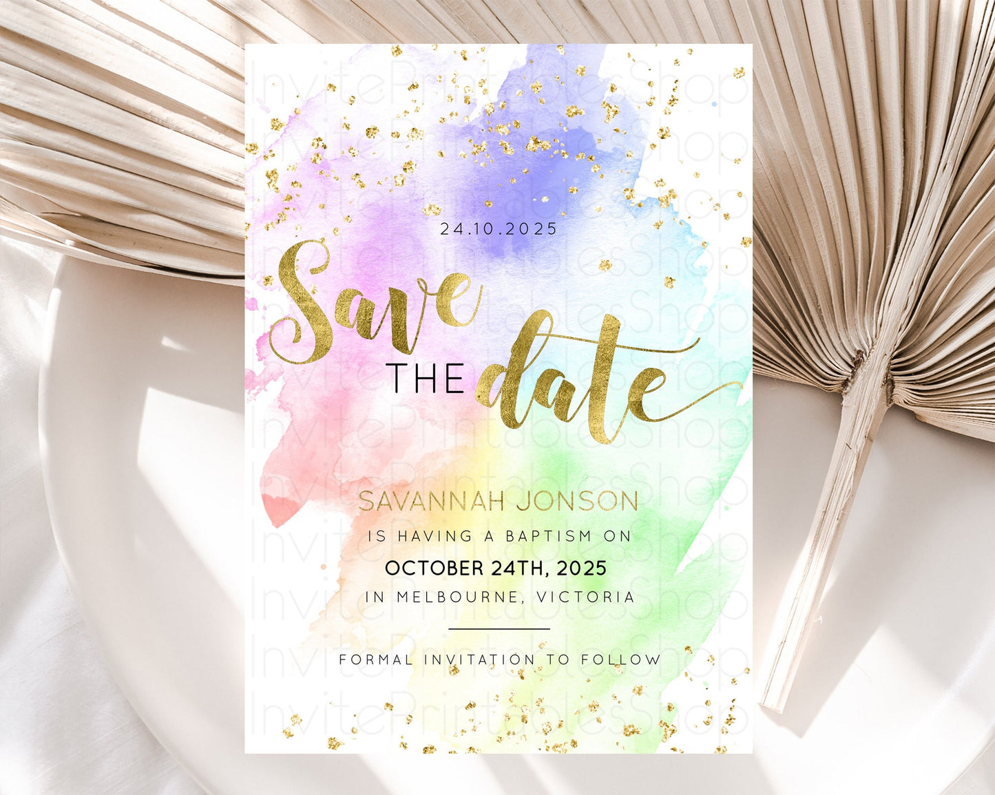 Pastel Save The Date Template Pastel Ombre Rainbow Watercolor Colorful Party For Birthday Baptism Baby Shower Wedding Bridal Shower D10876