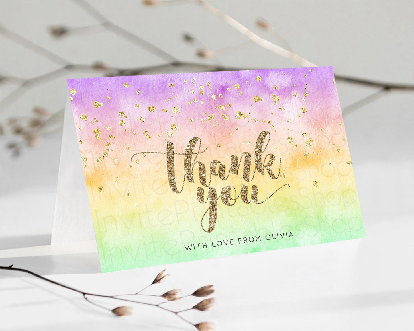 Pastel Thank You Rainbow Thank You Card Colorful Pastel Birthday Thank You Card Confetti Watercolor Pastel Teacher Thank You Cards D10512