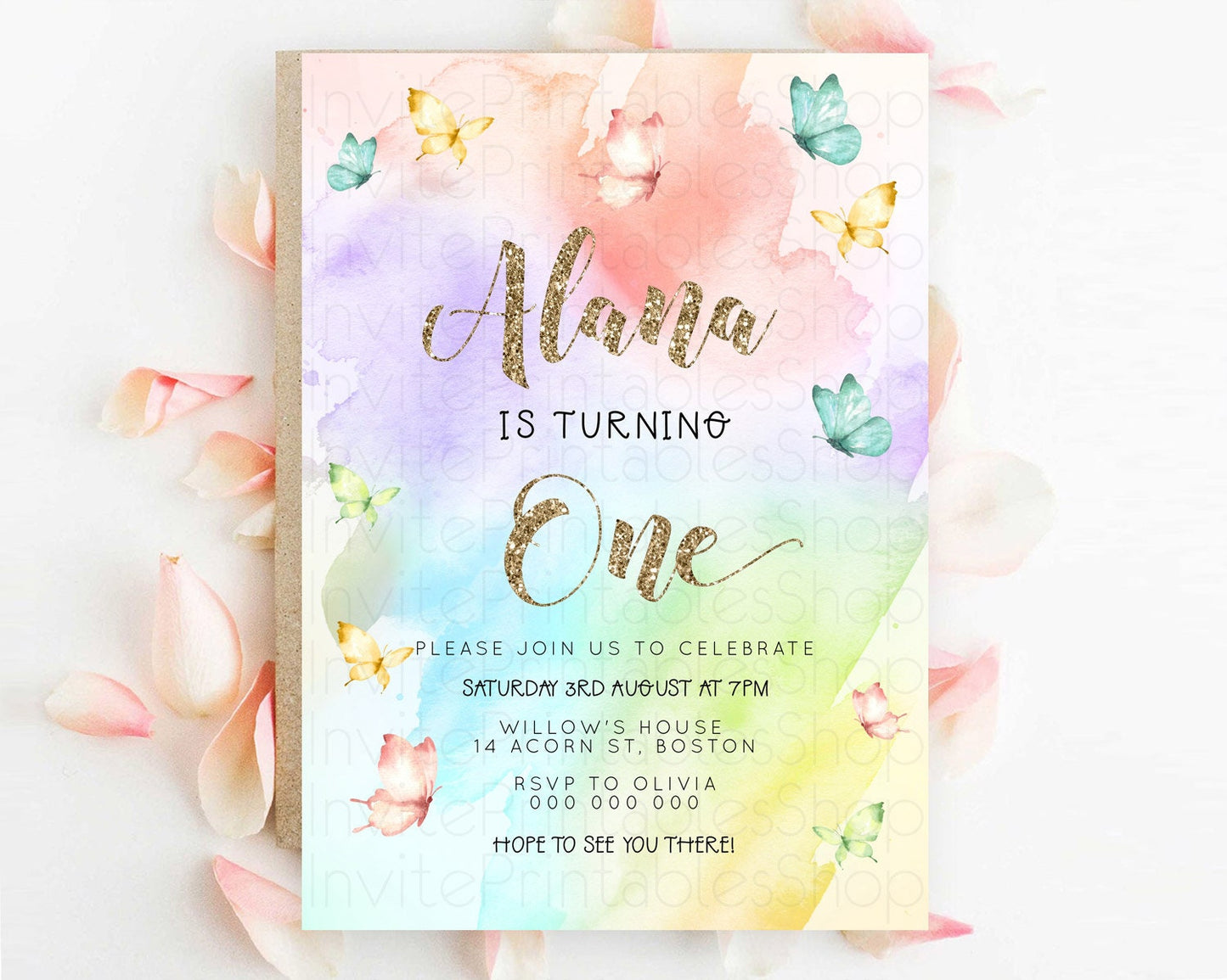 Pastel Butterfly Birthday Invitation Butterfly Birthday Invitation Colorful Splash Glitter Butterfly Garden 1st 2nd Birthday D23255
