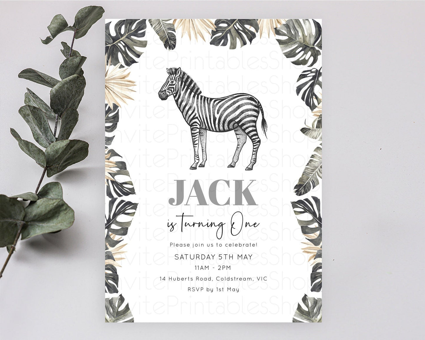 Zebra Birthday Invitation Zebra Invite Jungle Safari invite Watercolor Tropical Palm Invite Adventure Zoo Party Wild Animal Party D10824