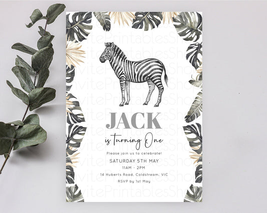 Zebra Birthday Invitation Zebra Invite Jungle Safari invite Watercolor Tropical Palm Invite Adventure Zoo Party Wild Animal Party D10824