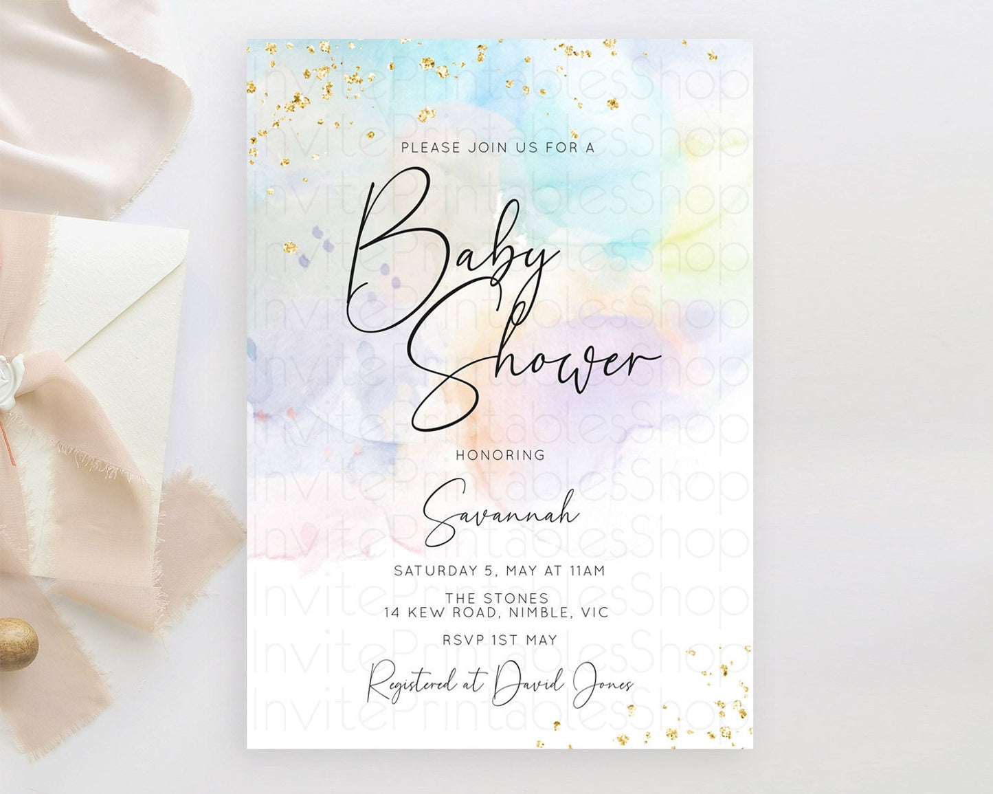 Pastel Baby Shower Invitation Rainbow Baby Shower Invitation Colorful Pastel Watercolor Invitation Gold Glitter Sprinkles Ombre D10769