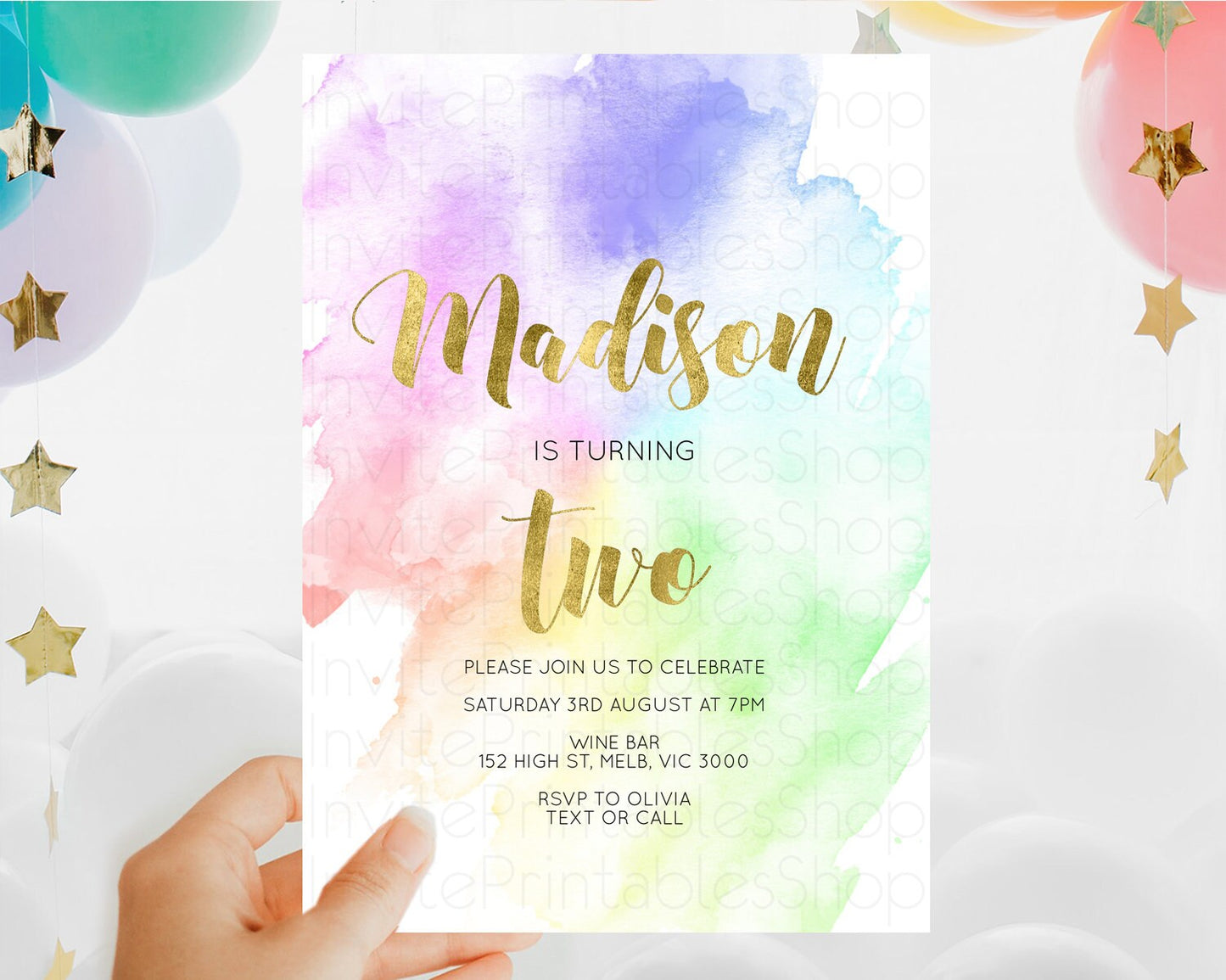 Rainbow Birthday Invitation Colorful Pastel Watercolor Invitation Gold Glitter Sprinkles Ombre Pastel 1st 2nd 3rd Birthday D10876