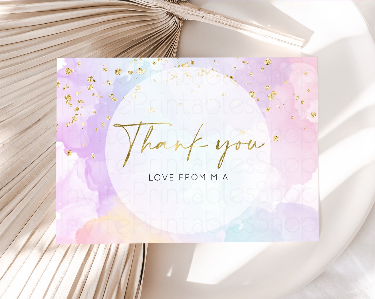 Pastel Rainbow Thank you Colorful Watercolor Gift Cards Splash Gold Glitter Card Birthday Engaged Baby Shower Wedding Folded/ Postcard 599v1