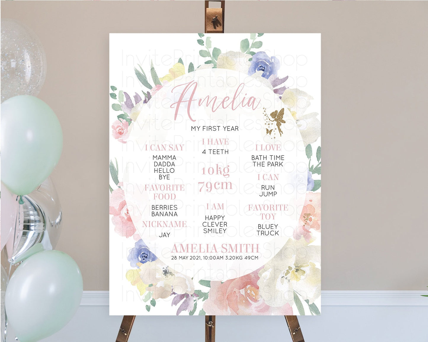 Fairy First Birthday Milestone Poster Fairy Secret Garden Milestone Board Enchanted Garden Pastel Floral Butterfly 1st Birthday Sign D10852