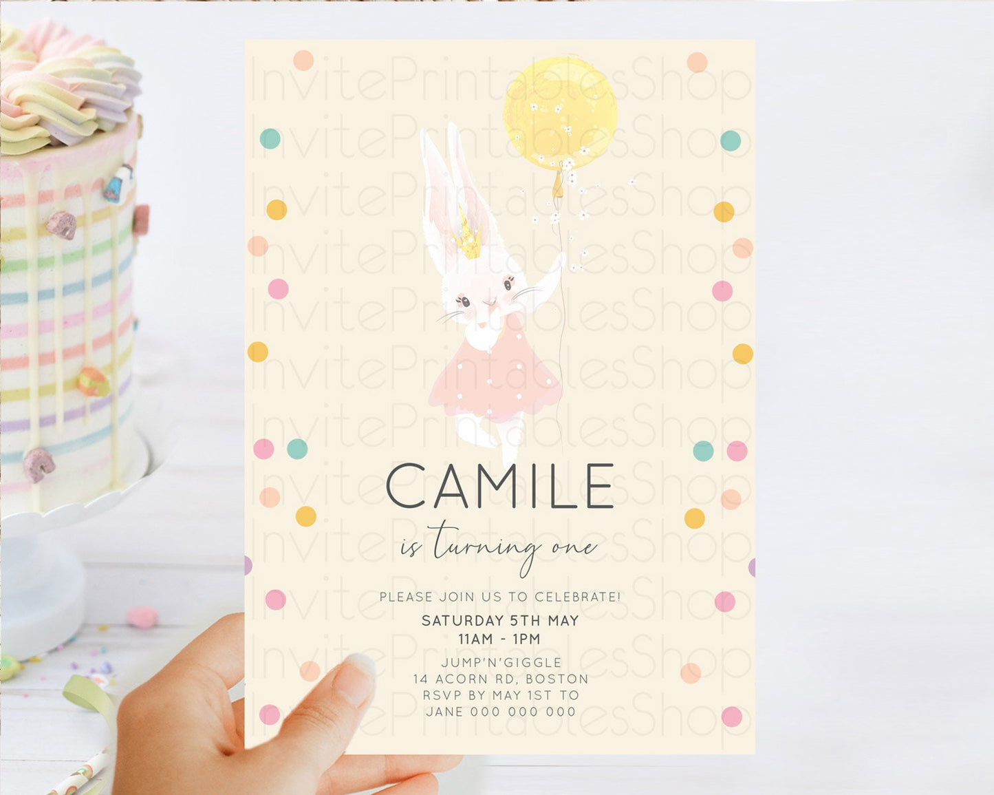 Bunny Birthday Invitation Pastel Bunny Invitation Bunny Balloon Invites Pastel Confetti Balloon Bunny Invites 2nd 1st First Birthday 199v4