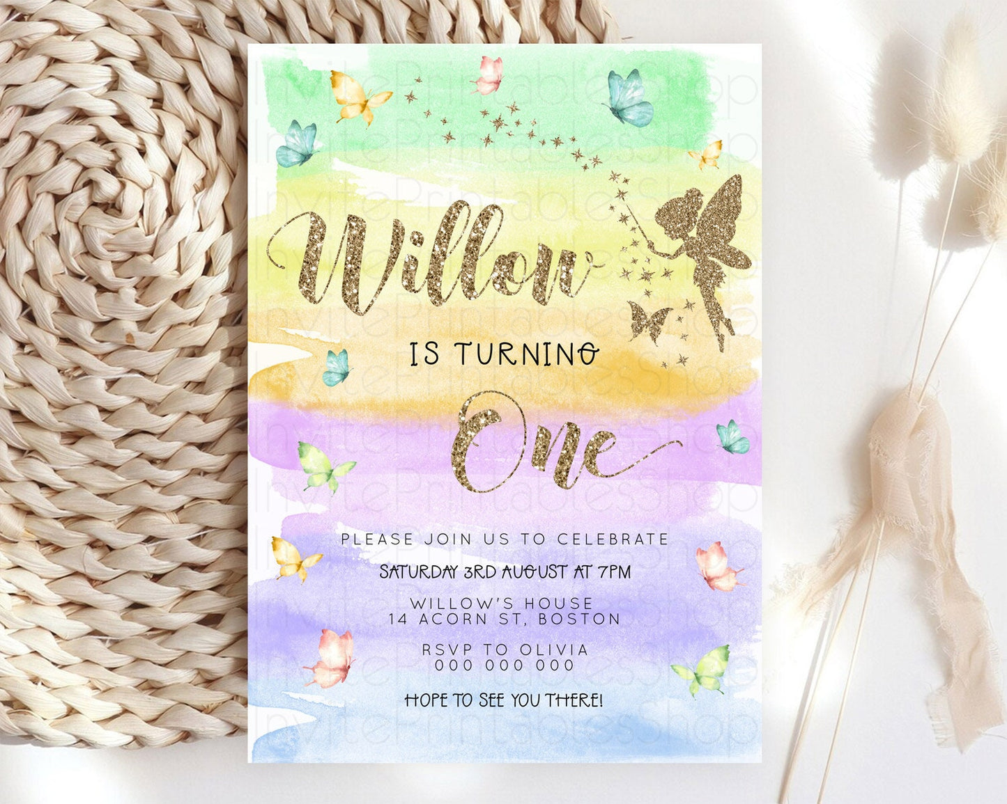 Pastel Fairy Birthday Invitation Pastel Butterflies Fairy Birthday Invitation Rainbow Ombre Watercolor 1st 2nd Birthday Invitation D23322