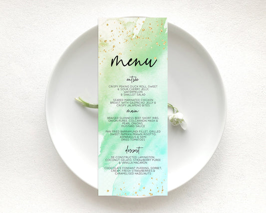 Green Menu Green Watercolor Menu Template Pastel Green Table Décor Green Watercolor Splash Dinner Dessert Green Party Food Menu D10170