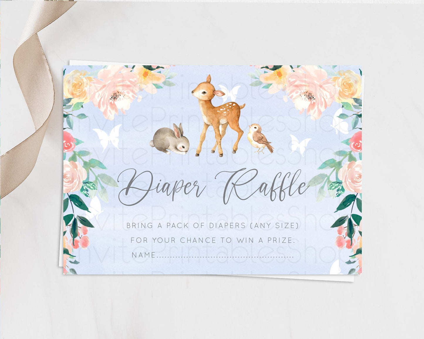 Fawn Diaper Raffle Card Deer Diaper Insert Floral Deer Diaper Ticket Enchanted Forest Butterfly Pastel Baby Shower Raffle Game D10920