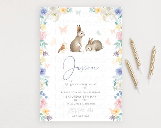 Bunny Birthday Invitation Floral Bunny Invitation Pastel Bunny Invites Pastel Watercolor Woodland Bunny Party 2nd 1st First Birthday D10928