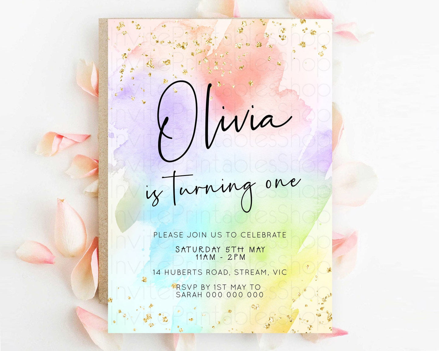 Pastel Birthday Invitation Ombre Watercolor Birthday Invitation Glitter Rainbow Color Splash 1st 2nd 3rd Birthday Invitation D23071