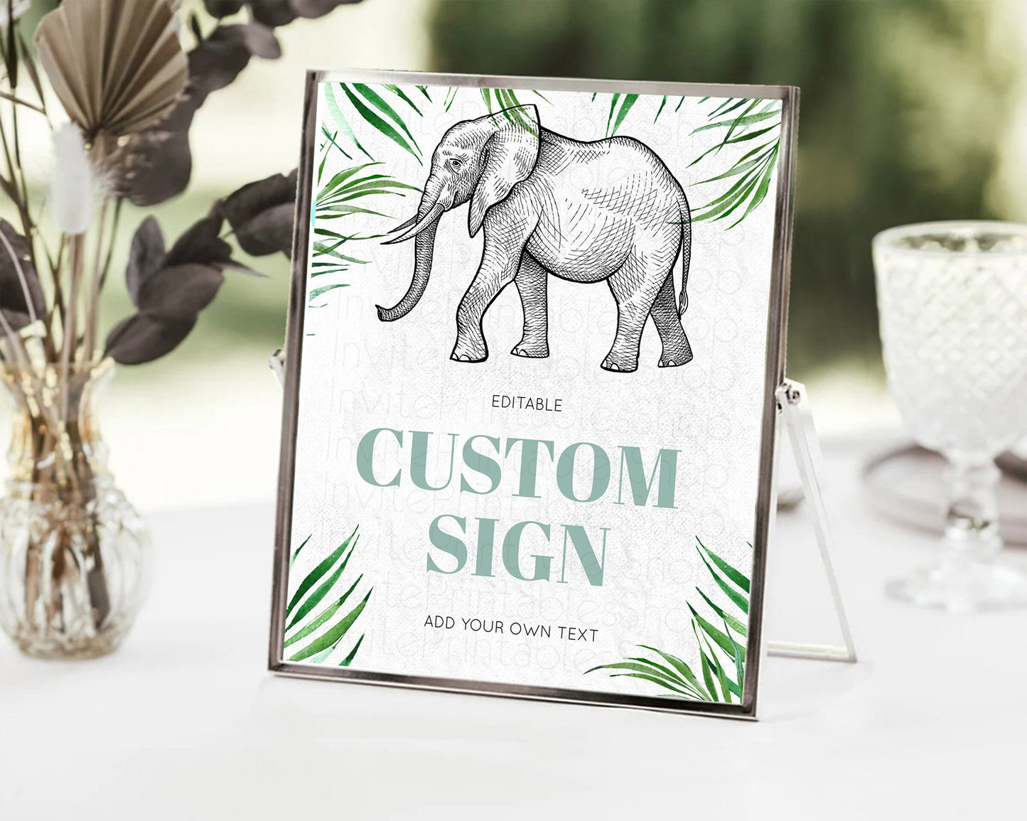 Elephant Sign Elephant Safari Adventure Party Table Sign Decor Dried Palm Fern Zoo 1st Birthday Baptism Baby Shower Bridal Shower D10850